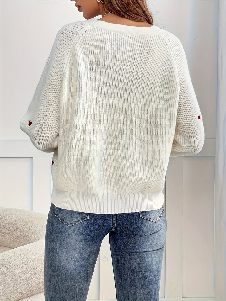 Elena™ - Heart Embroidered V-Neck Cardigan