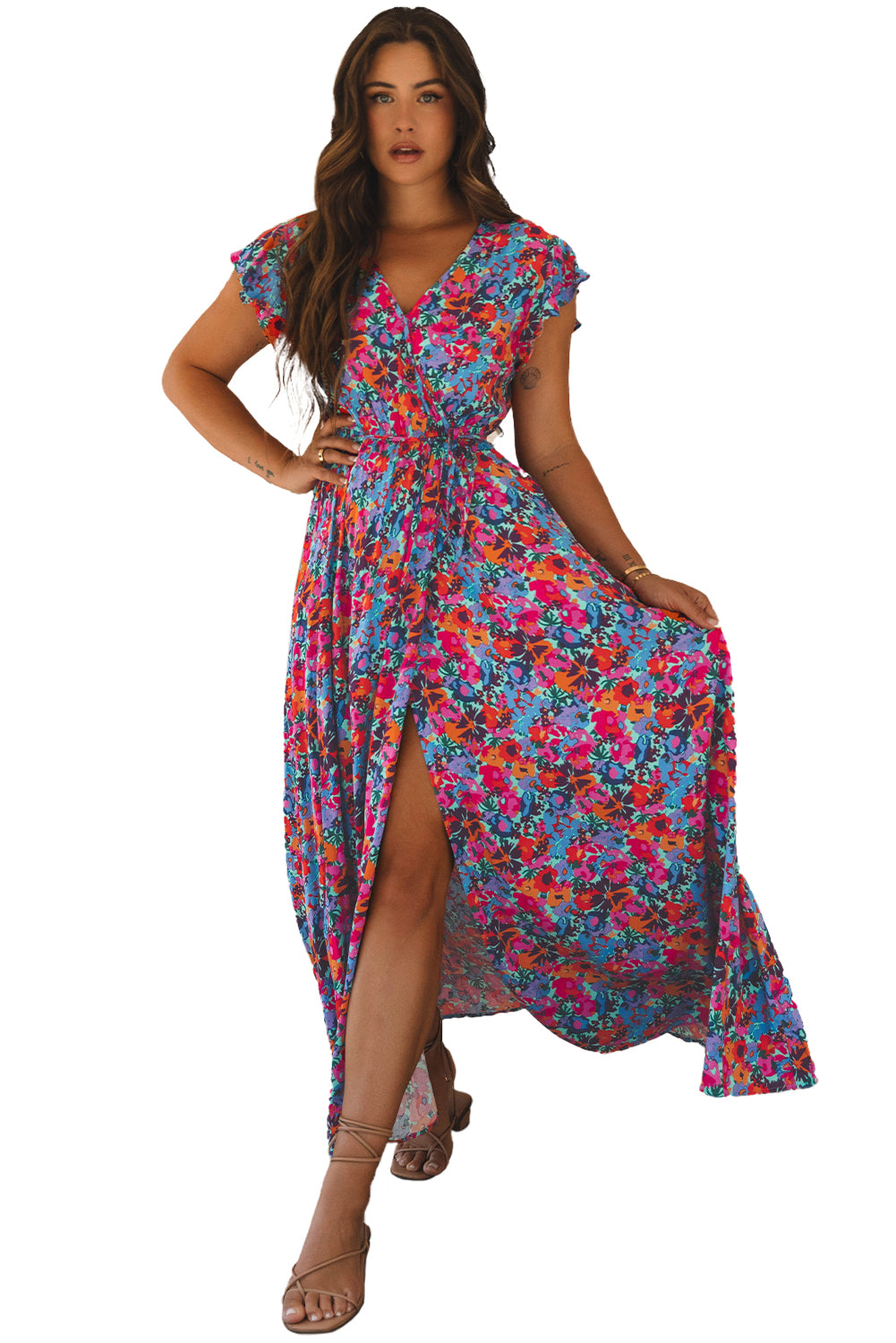 Floral Print V-Neck Wrap Split Maxi Dress
