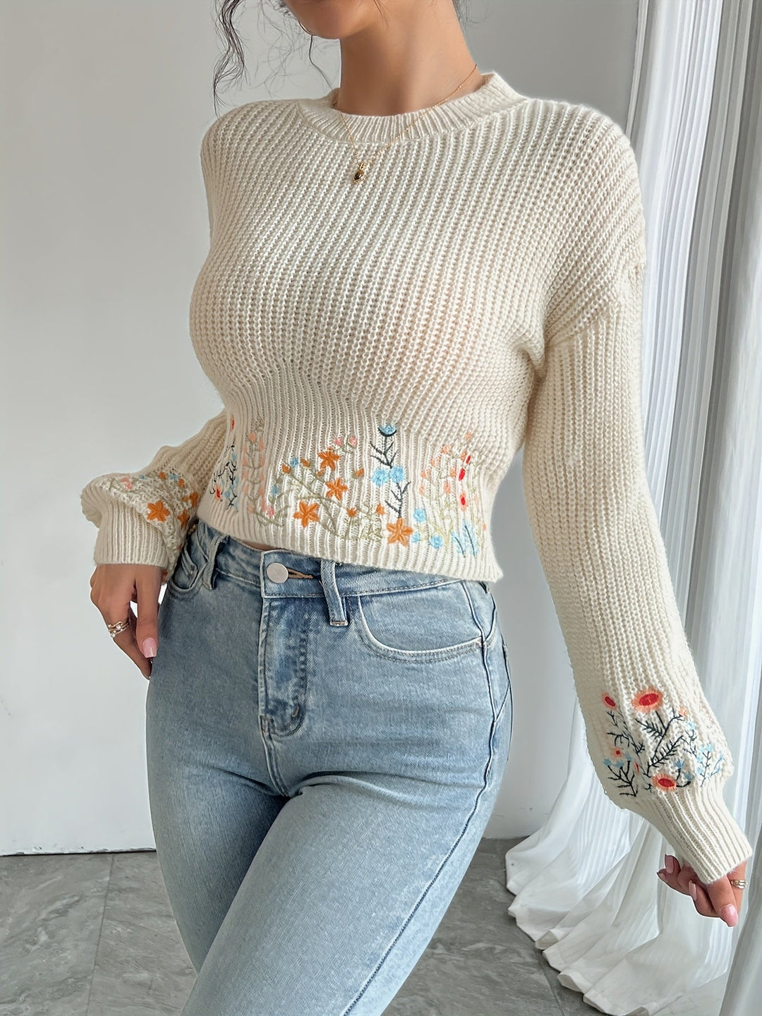 Nova™ - Floral Knit High Neck Sweater