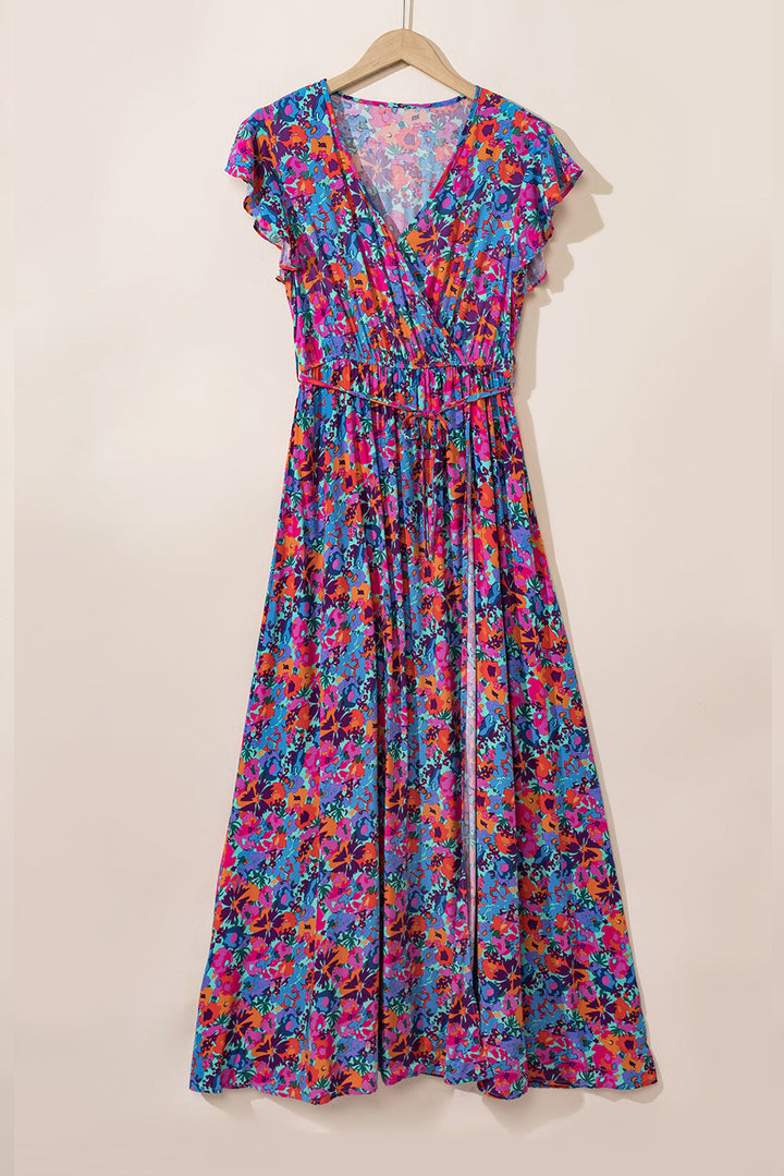 Floral Print V-Neck Wrap Split Maxi Dress