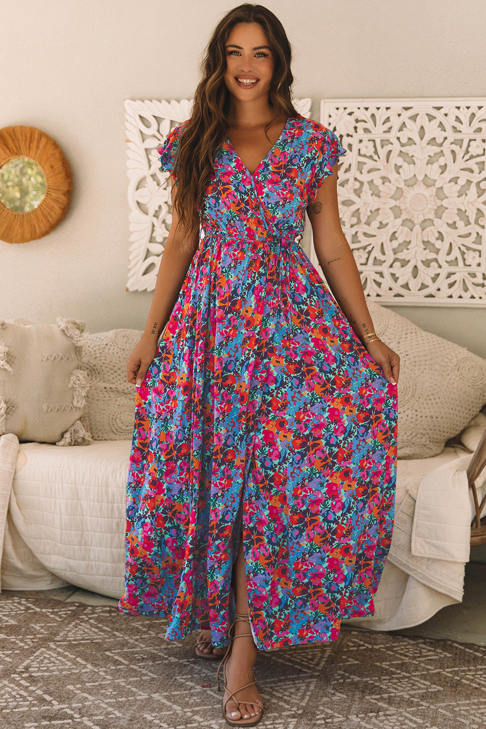 Floral Print V-Neck Wrap Split Maxi Dress