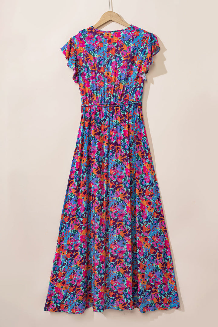 Floral Print V-Neck Wrap Split Maxi Dress